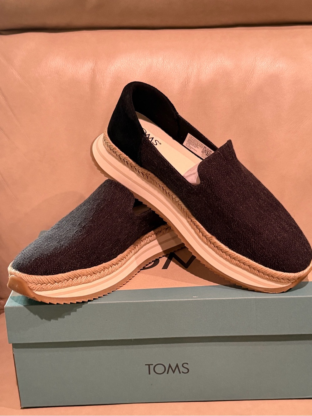 Toms Black Slip-On Platform Espadrilles with Jute Trim